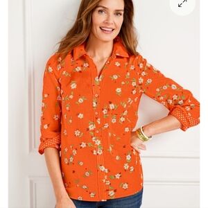 Talbots Cotton Orange Floral Button Down Shirt - Lively Ditsy Size Medium Petite